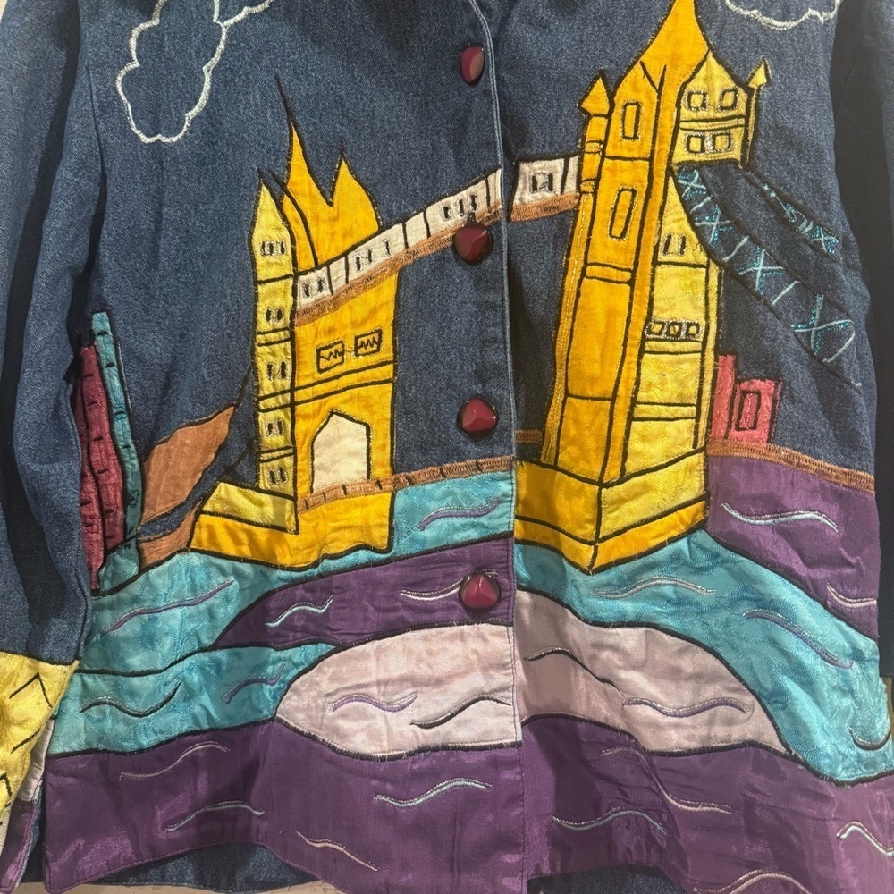 Vtg Kaktus USA Art to Wear Denim Jacket Applique Design Cotton Mix Size Small S - Picture 2 of 10